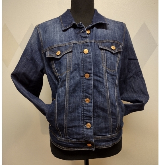 Maurices dark wash denim jacket with copper look buttons and contrast stitching - Picture 1 of 12